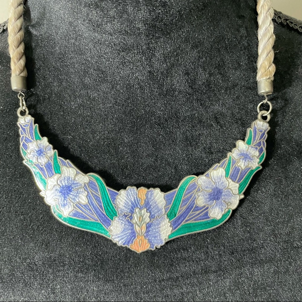 Vintage CJ Cloisonné Iris Bib Necklace - Picture 1 of 13